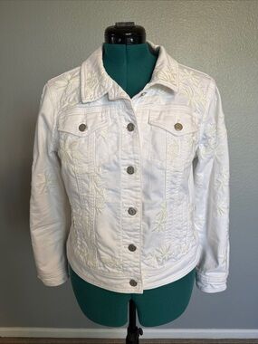 Anthropologie Pilcro White Denim Jacket with Embroidered Flowers